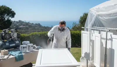 Professional cabinet painting process in La Jolla, CA showing smooth spray finish for kitchen refinishing
