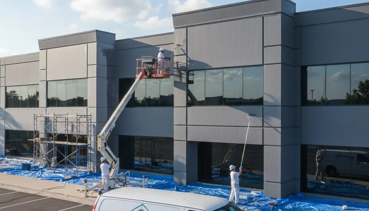 Professional commercial painters finishing coastal business exterior in La Jolla, CA