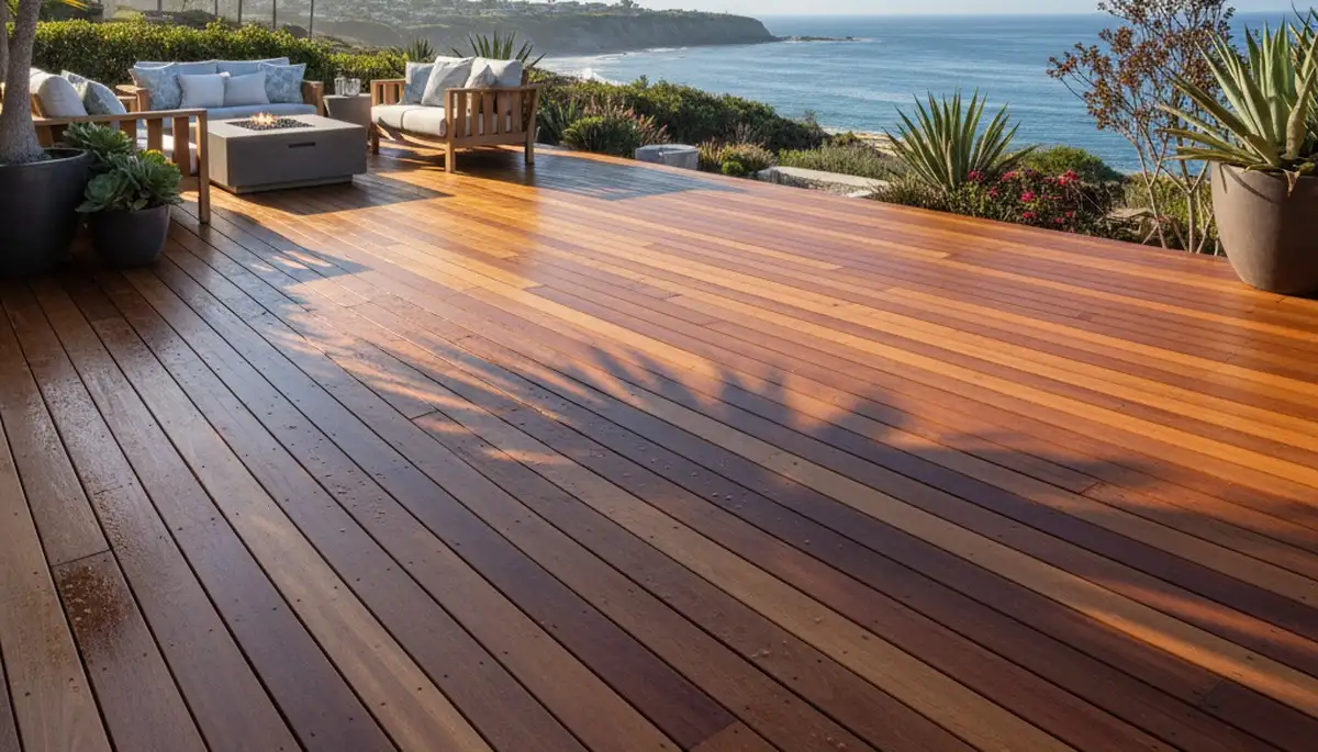 Professional deck staining in La Jolla, CA highlighting restored wood finish and coastal weather protection
