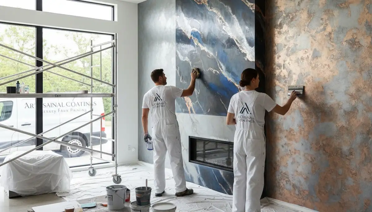 Faux painting professionals applying decorative wall finish in a coastal La Jolla, CA home interior