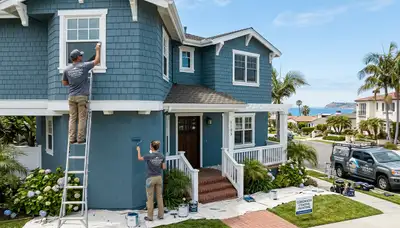 Professional house painters working on coastal home exterior in La Jolla, CA