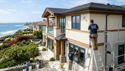 Professional house painters working on coastal home exterior in La Jolla, CA