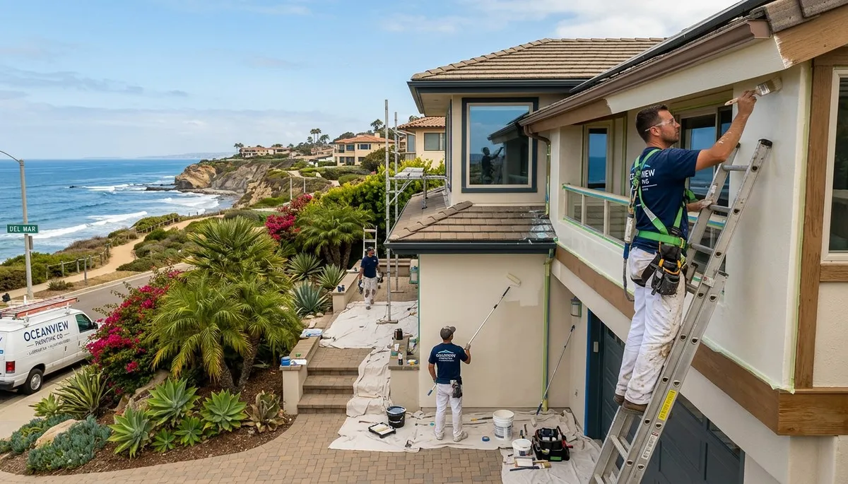 Professional house painters finishing coastal home exterior in La Jolla, CA