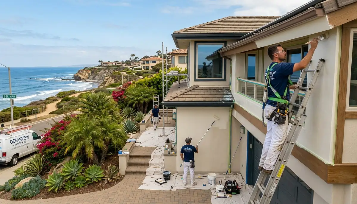 Professional house painters finishing coastal home exterior in La Jolla, CA