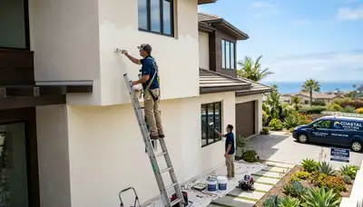 Professional house painters working on coastal home exterior in La Jolla, CA