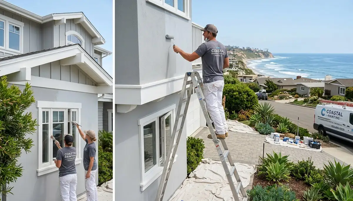 Professional house painters working on coastal home exterior in La Jolla, CA