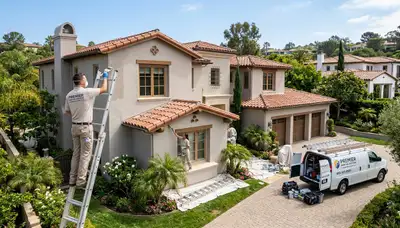 Professional house painters working on coastal home exterior in La Jolla, CA