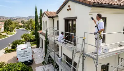 Professional house painters working on exterior home in La Jolla, CA