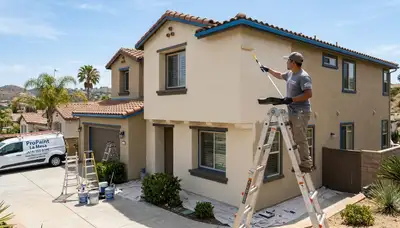 Professional house painters finishing exterior home in La Jolla, CA