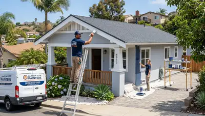 Professional house painters finishing exterior home in La Jolla, CA