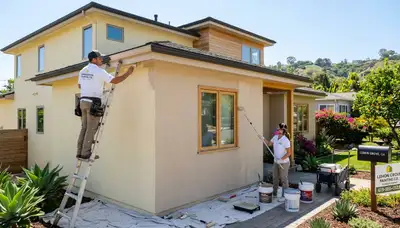 Professional house painters working on coastal home exterior in La Jolla, CA