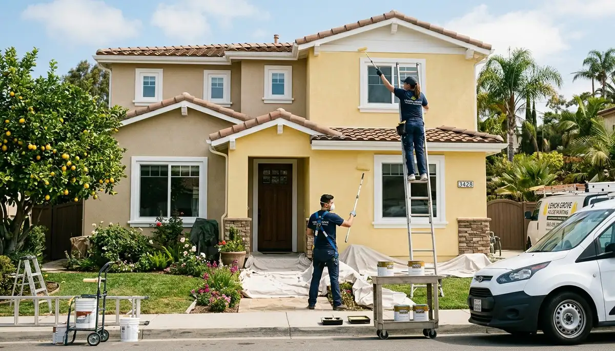 Professional house painters working on coastal home exterior in La Jolla, CA