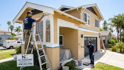 Professional house painters finishing coastal home exterior in La Jolla, CA