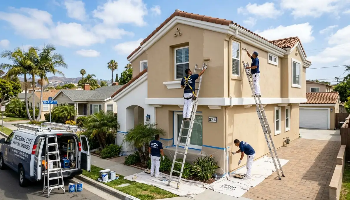 Professional house painters improving home exterior in La Jolla, CA
