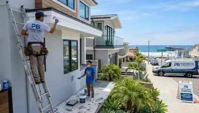 Professional house painters working on exterior home in La Jolla, CA
