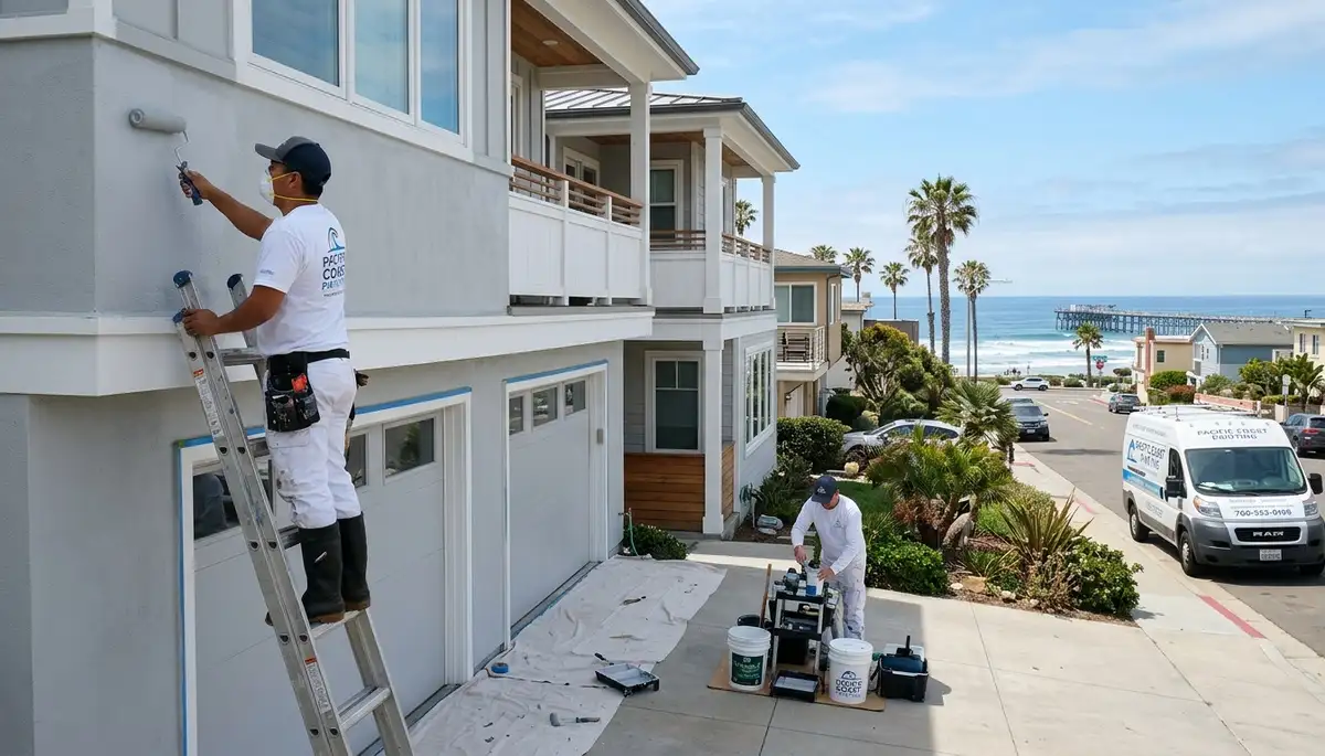 Professional house painters finishing coastal home exterior in La Jolla, CA