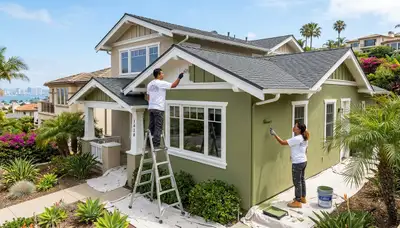 Professional house painting contractors working on a coastal home in La Jolla, CA