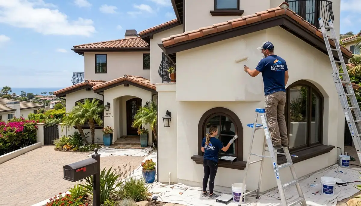 Professional house painters finishing exterior home in La Jolla, CA