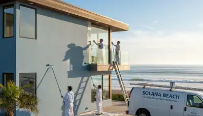 Professional house painters in La Jolla, CA finishing an exterior home painting project