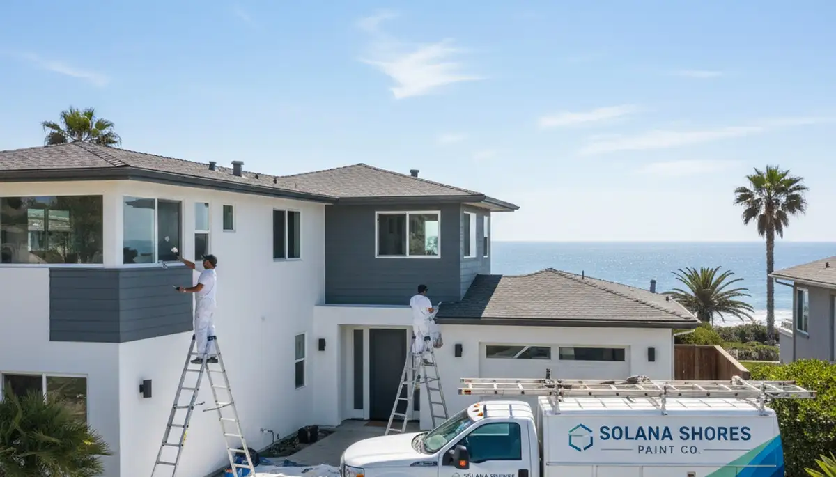 Professional house painters finishing exterior home in La Jolla, CA