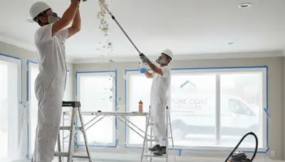 Technicians removing popcorn ceiling in La Jolla CA home with professional dust control and smooth finish