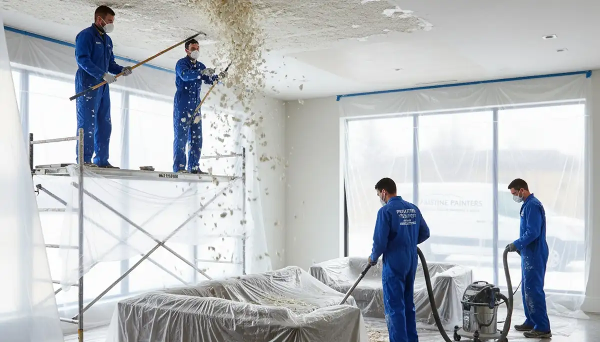 Professional popcorn ceiling removal in La Jolla, CA home with smooth finish and expert painting prep