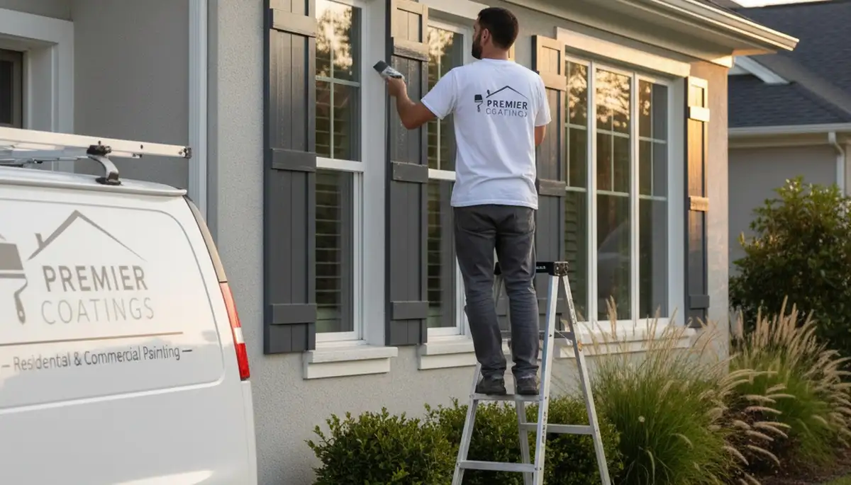 Professional painter refinishing coastal home shutters in La Jolla, CA for durable, sun-resistant finish