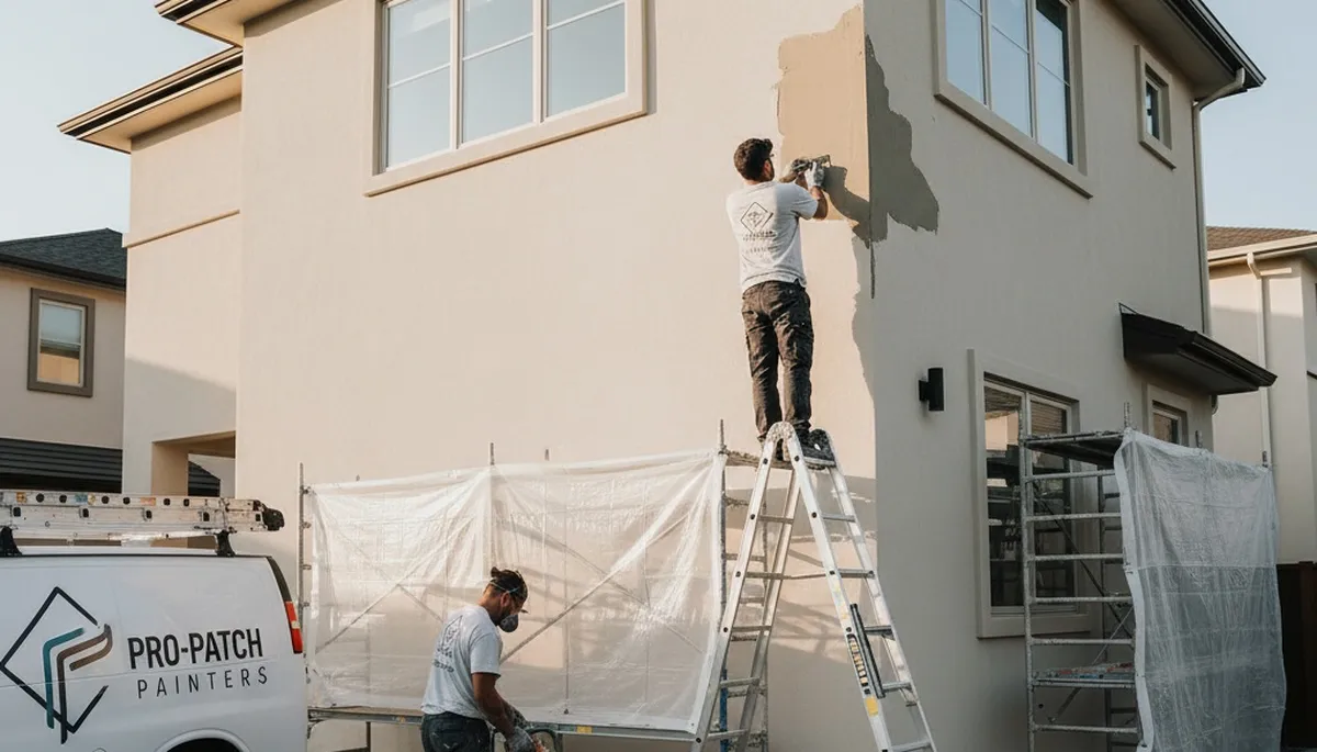 Professional stucco repair on coastal home exterior in La Jolla, CA by expert house painters